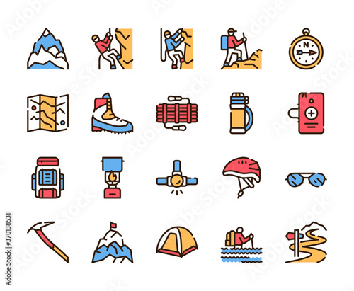 Vector color linear icon set of climbing, hiking