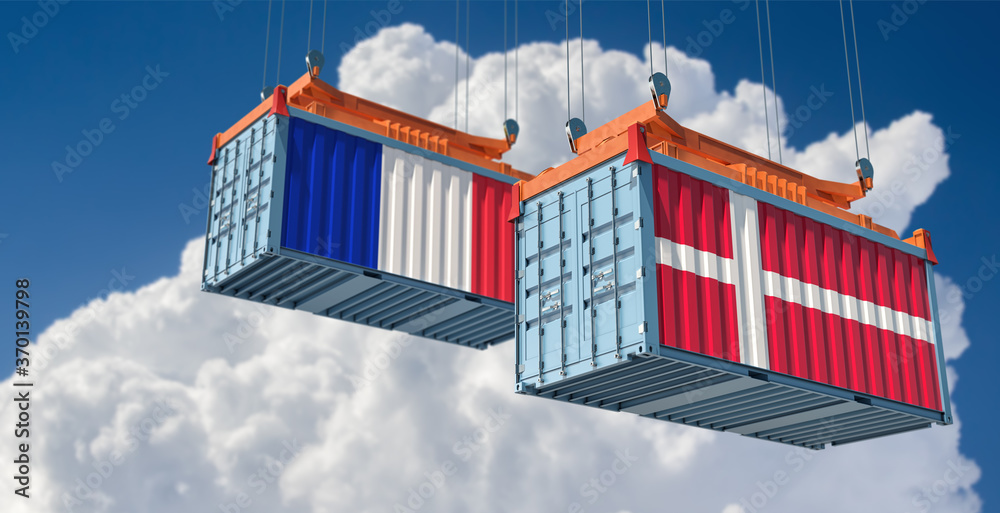 Freight containers with Denmark and France flag. 3D Rendering 