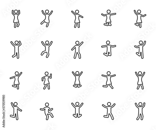 Vector set of happy people line icons. Contains icons joyful, jumping, dancing, fun, celebrating, successful and more. Pixel perfect.