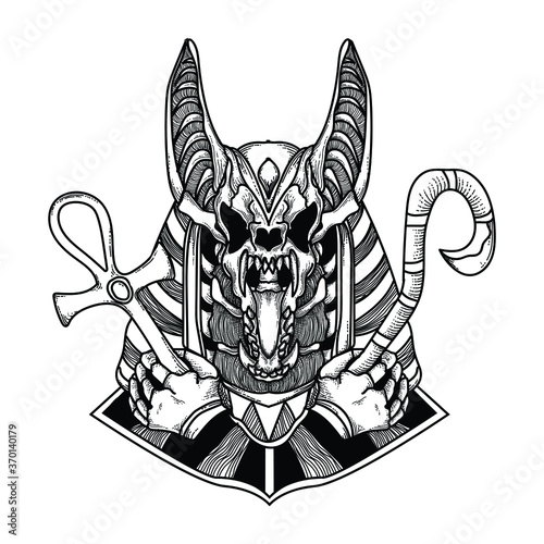 tattoo and t-shirt design black and white hand drawn anubis skull premium vector