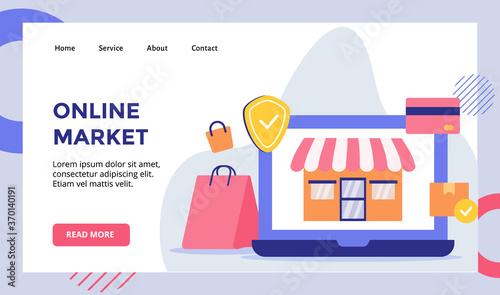 Online market facade store on display monitor laptop for web website home homepage landing page template banner with flat style