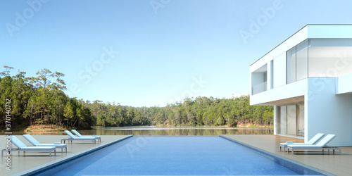 3D render of white modern house with swimming pool on lake background, Exterior with large window design. © nuchao