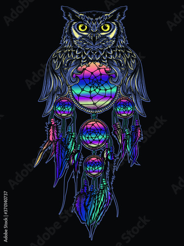 artwork illustration and t-shirt design owl and dream catcher  premium vector