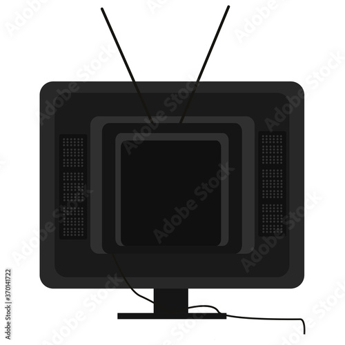 Black TV. Back view. Graphic vector drawing. Home furniture, entertainment concept. Cartoon style. Separate element for collage, stickers, web design.