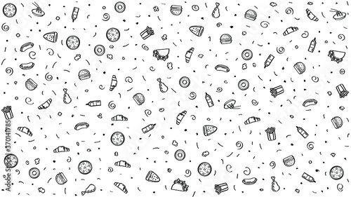 Abstract Doodle Hand Drawn Fast Food Elements Pizza Hamburger Snack Drink Croissant Sketch Vector Design Style Background Menu Illustration