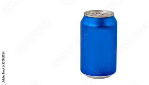 Aluminum can in blue color isolated on white background,canned with water drops.