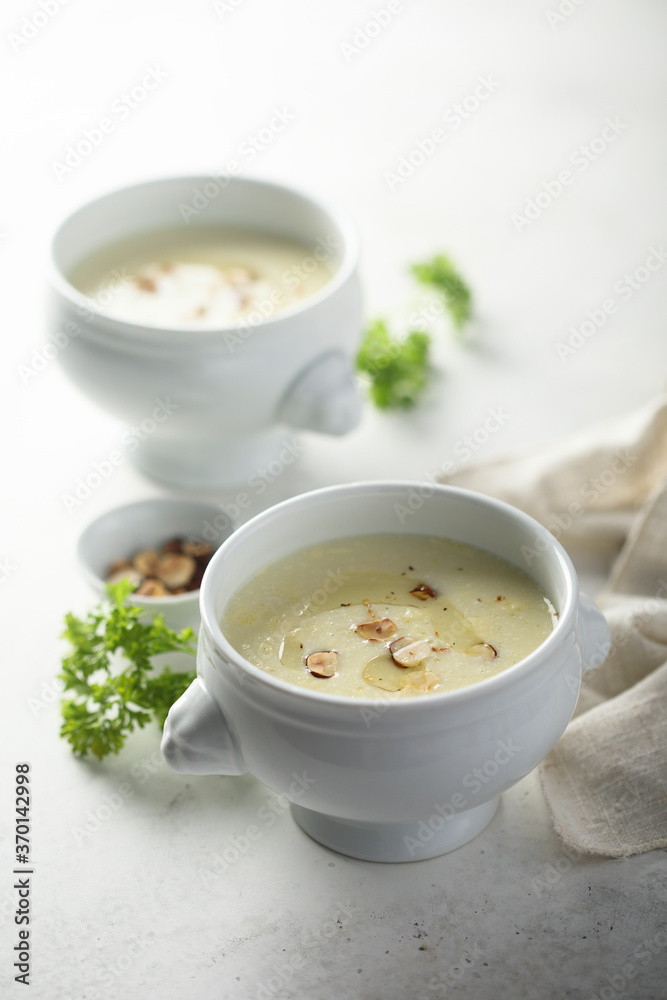 Homemade white asparagus soup with hazelnut Homemade white asparagus soup with hazelnut