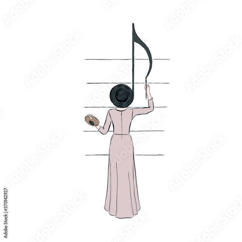 Woman artist in hat standing with her back draws note. Hand drawn vector drawing for illustration s book