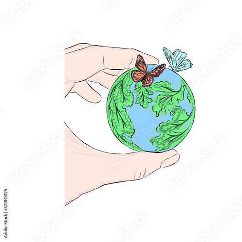 Hand holds planet. Ecology and environmental protection theme