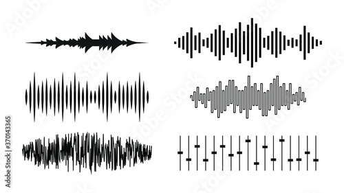Set Black Collection Abstract Elements Audio Waves Voice Sound Music Shapes Vector Design Style