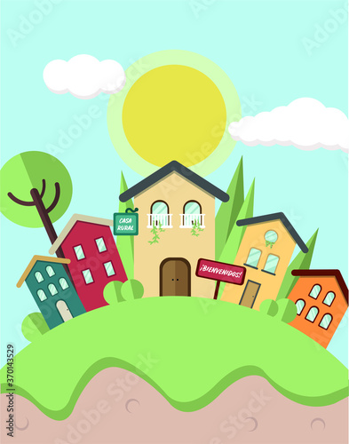 vector illustration of a colorful village with rural hotel, trees and sunny sky