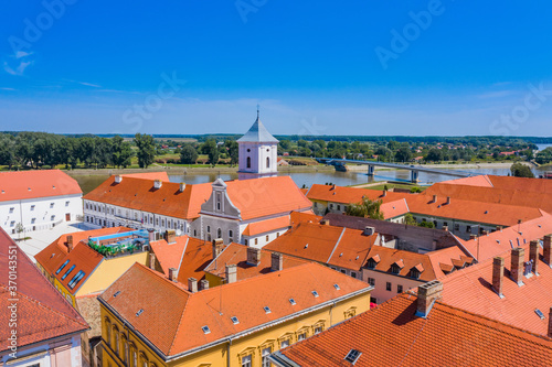 Aerial view of old town Tvrdja in Osijek, Croatia, river Drava in background
 photo