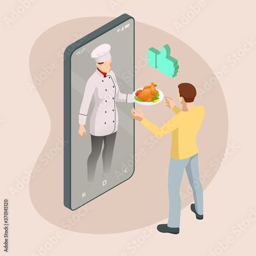 Isometric Online cooking classes concept. Online ordering food in a restaurant