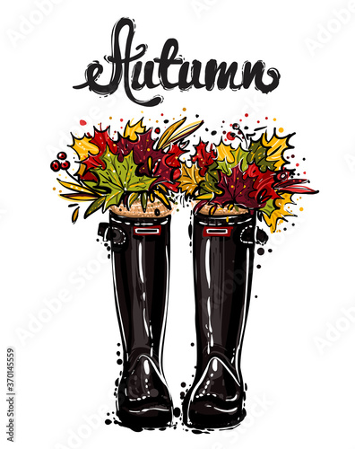 Vector fashion sketch. Hand drawn illustration of fashion black rubber boots with bouquet of autumn leaves and Autumn lettering. Colorful glamour design in vogue style. Isolated elements on white