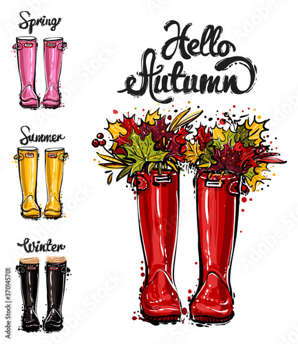 Season greeting card. Hand drawn illustration of fashion red, yellow, pink, black rubber boots, bouquet of autumn leaves and spring, summer, winter, hello autumn lettering. Isolated elements on white