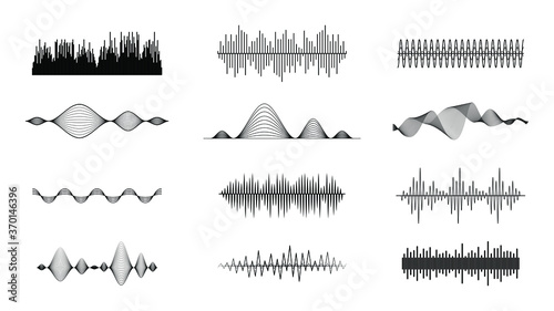 Set Black Collection Abstract Elements Audio Waves Voice Sound Music Shapes Vector Design Style
