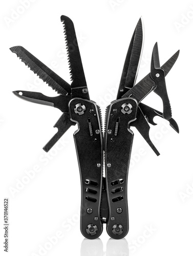 Vertical standing multifunctional multi tool knife with open blades and tools isolated on white background