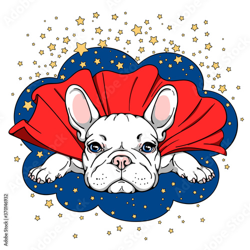 Cartoon white french bulldog in a superhero cape.