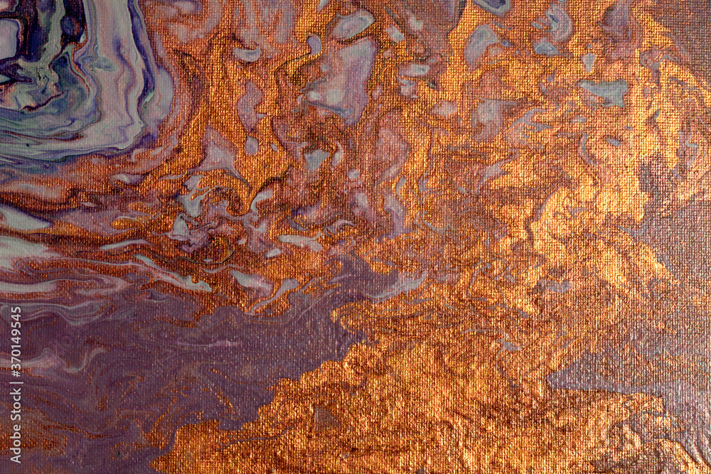 Detail image of an abstract painting with flames and smoke in the colors gold and violet.  
