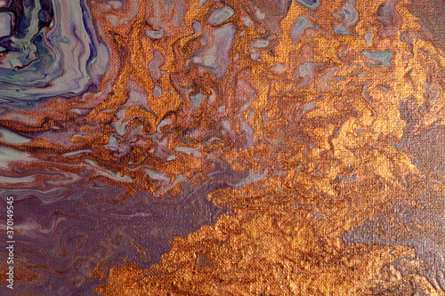 Detail image of an abstract painting with flames and smoke in the colors gold and violet. 