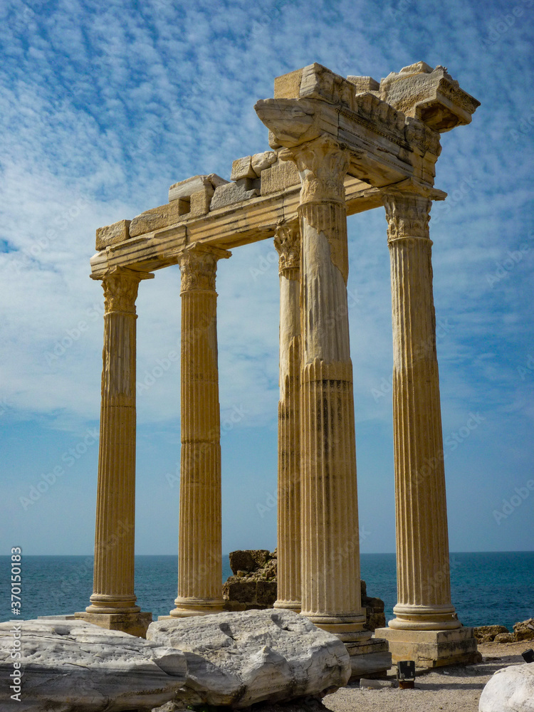 ancient greek roman temple with fluted Corinthian columns at side in turkey