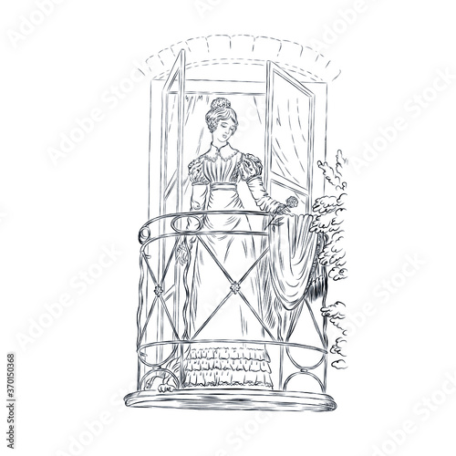 Woman in 19th century style stands on the balcony. Hand draw linear graphic. Vintage woman.