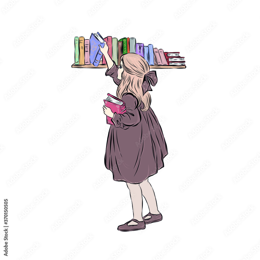 Girl takes book from the shelf. Hand drawn vector clip art. Illustration for children's books, posters for the interior of bedrooms for newborns, postcards in vintage style