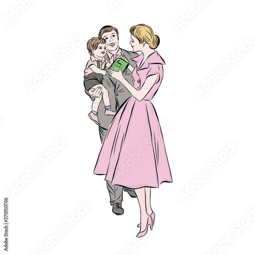 Happy family. Mother, father and son. Hand drawn vector. Clip art. 