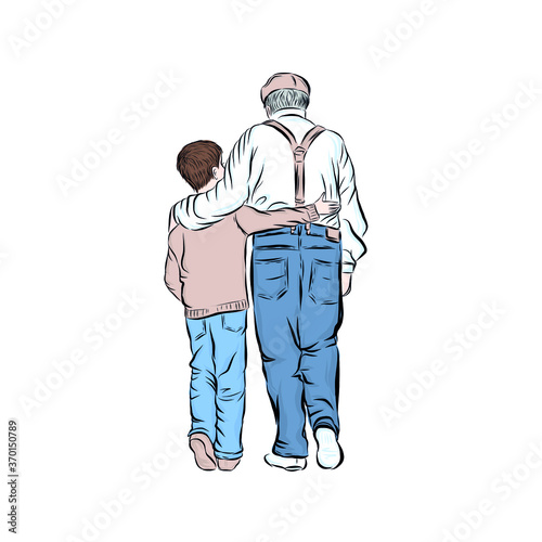 Grandfather with his grandson. Friendly family. Hand drawn illustration for children's books.