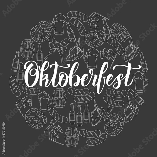Oktoberfest celebration poster with hand drawn colored glass of beer, hat, flag garland, pretzel, sausage, flag on white located in a circle. Hand made lettering. Sketch. Oktoberfest pattern