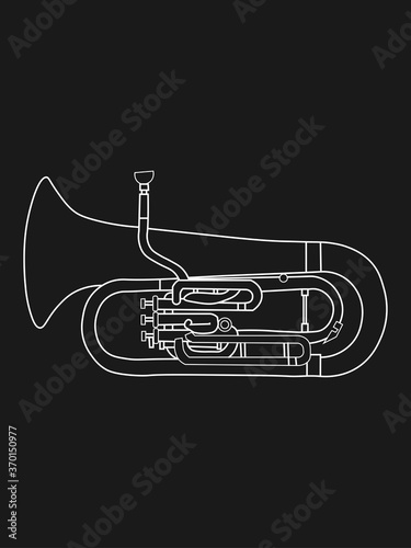Simple white line drawing of outline Euphonium musical instrument on a black background. For student education  illustration for dictionary musical schools