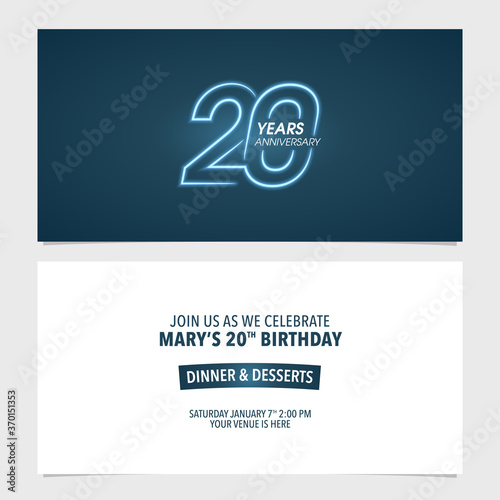 20 years anniversary invitation vector illustration. Template design element for 20th birthday
