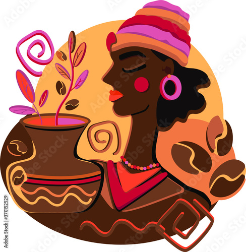 Exotic vintage cartoon girl with dark hair in turban smelling coffee beans africa tribal national vector illustration for cafe poster decoration isolated background