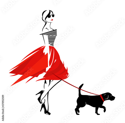 vector design of beautiful stylish woman wearing fashion clothes walking with her pet dog on the leash