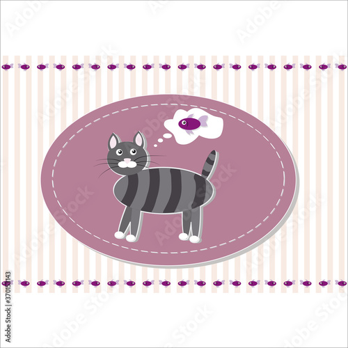 Grey tabby cat dreaming of a fish on a purple background, vector