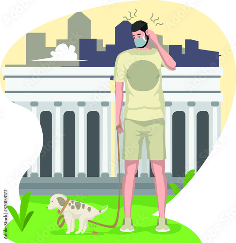 A dog pooping while walking with his owner outside