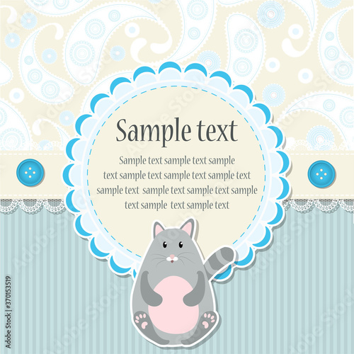 Children's greeting card with a cute cat and Paisley pattern, vector