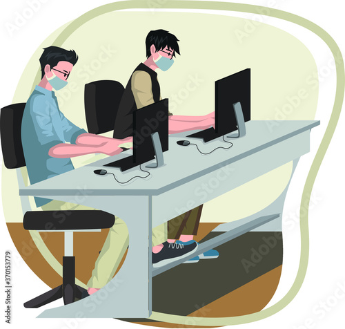 Workers are using medical mask and keeping theirs distance while working at office