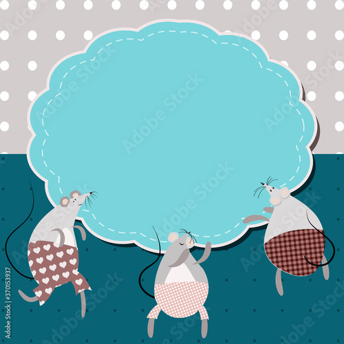 Frame for the birth of a baby with cute mice in blue tones, vector