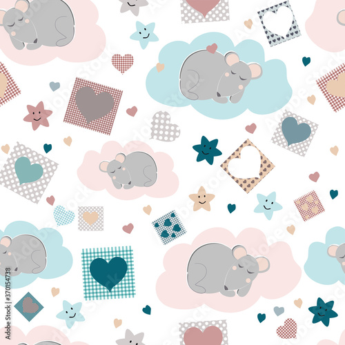 Seamless pattern with a mouse, stars and hearts in pink and blue tones, vector