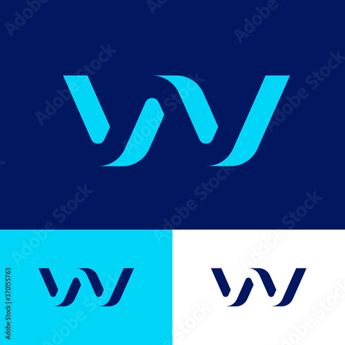 W letter as volume bent figure. W illusion monogram. Blue monogram on different backgrounds. Logo can be used for web, clothes, sport or business.
