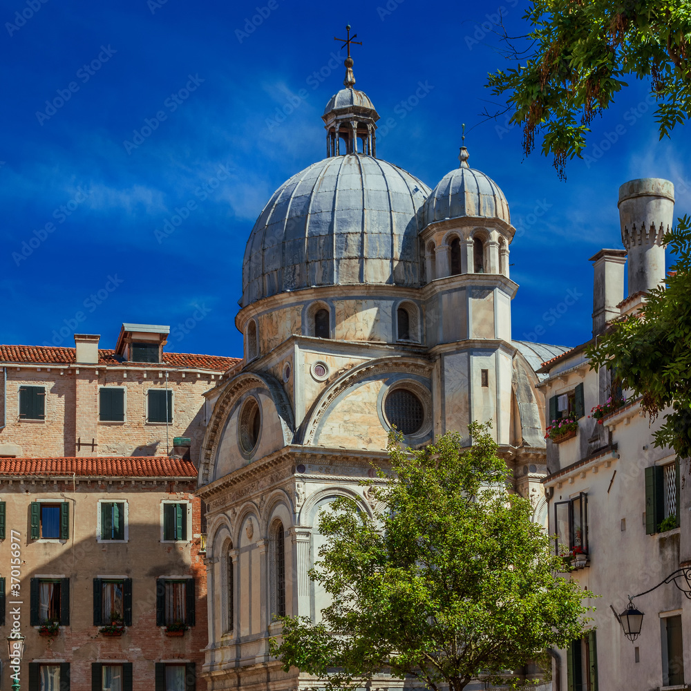 View of the famous St Mary of the Miracles or 'Marble Church' dome, a renaissance architectural jewel in the historic center of Venice