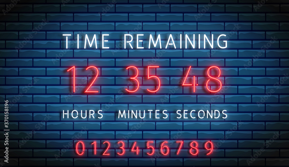 Countdown timer. Neon clock counter. Vector. Time remainig board