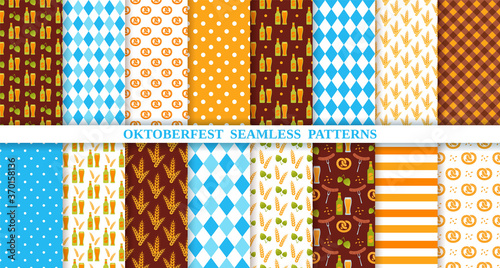 Oktoberfest seamless pattern. Octoberfest background. Vector. Textures with rhombuses, beer, pretzel, hop, sausage, stripe and plaid. Diamond print. Germany traditional wallpaper. Color illustration.