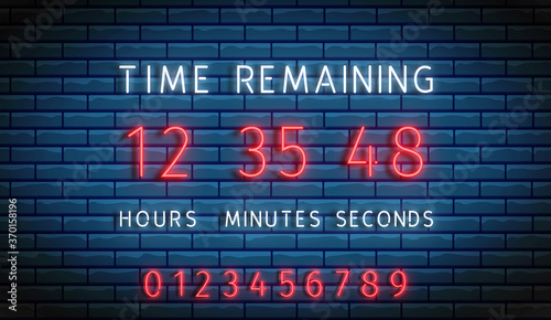 Countdown timer. Neon clock counter. Vector. Time remainig board. Illuminated digital count down. Glowing hours, minutes and seconds on brick wall. Shiny scoreboard on display. Led design illustration