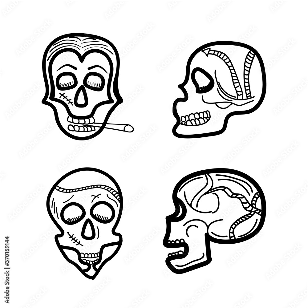 set of stylish skull contour doodles hand-drawn skeletons vector drawing on a white isolated background