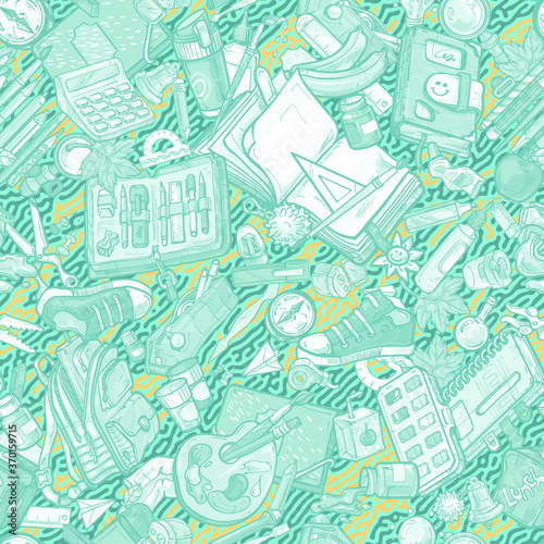 school seamless pattern with a backpack and education equipment cloud. Colorful, detailed, with many objects, it contains stationery, kids uniform, shoes, snacks and sets for creativity.