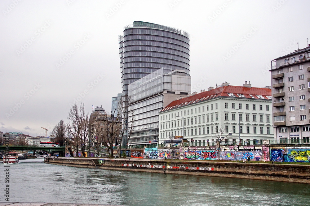 view to famous Uniqa tower in Vienna. Opening ogf the tower was in 2005 by architect Heinz Neumann. In 2006 the design won a Bauherren award.
