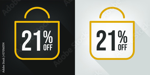 21% off. Black, white and yellow banner with twenty-one percent discount. Shopping bag concept vector.