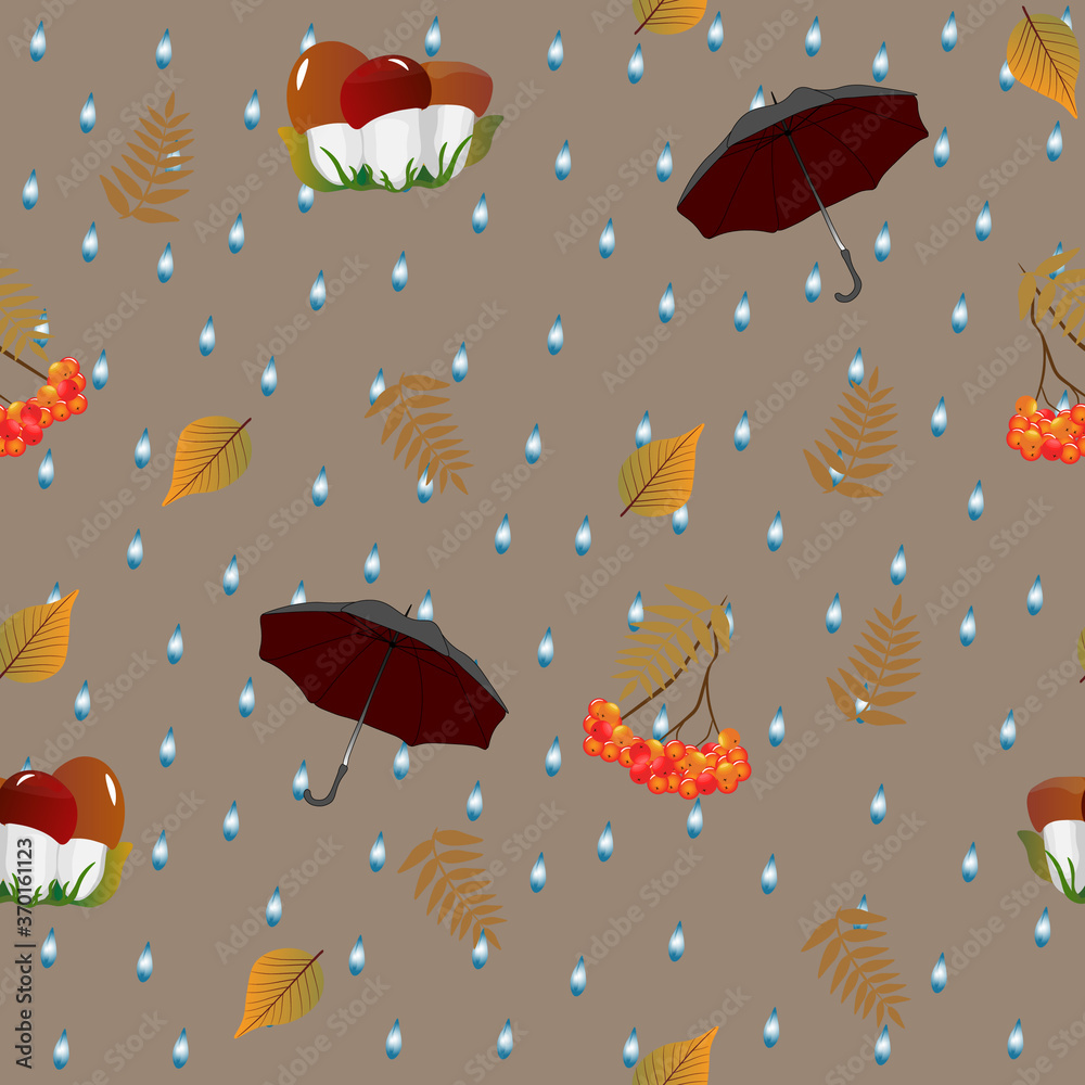 Seamless pattern with autumn leaves, mountain ash, umbrellas and rain. Vector illustration Seamless pattern with autumn leaves, mountain ash, umbrellas and rain. Vector illustration